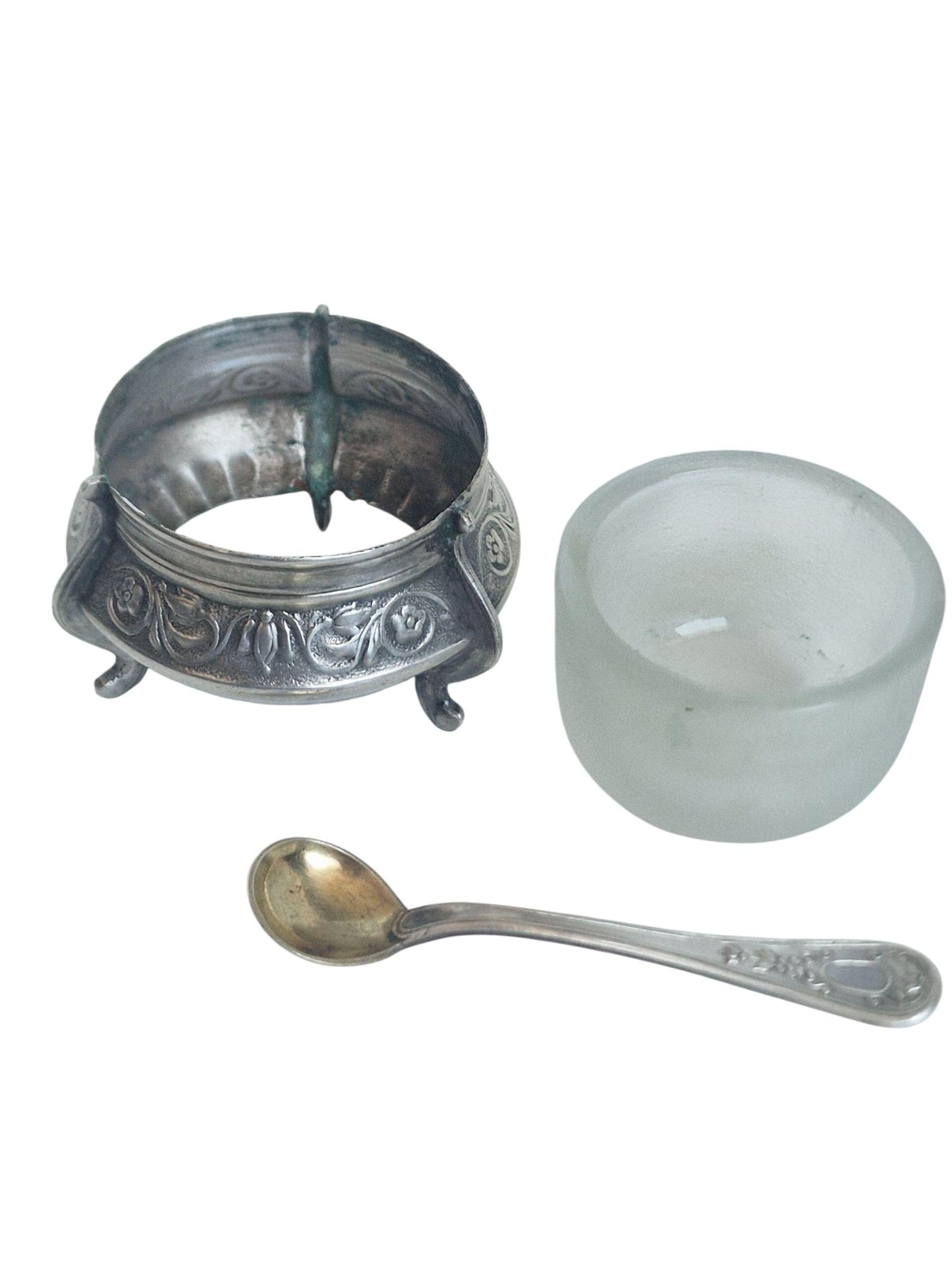 Antique Russian Silver Salt Cellar, Kommet Spoon, Tsar Period