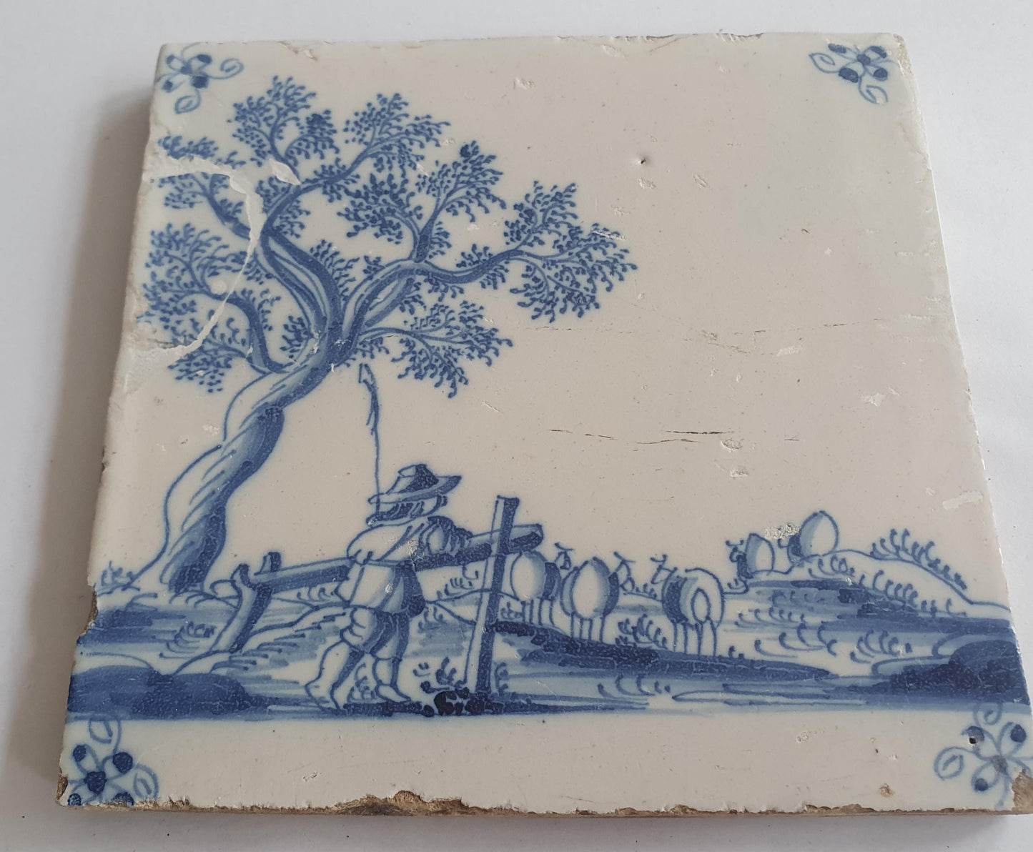 Antique Delft Tile, 1700s Shepherd Scene, Dutch Majolica