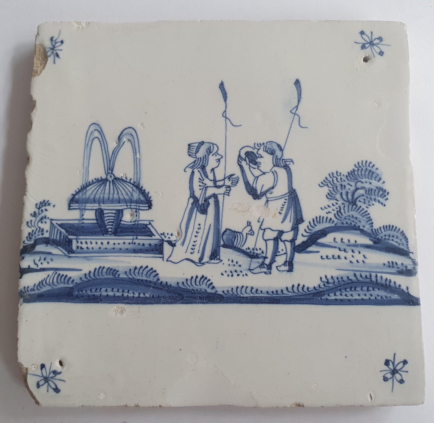 Antique Delft Tile: 17th Century Dutch Shepherds Scene