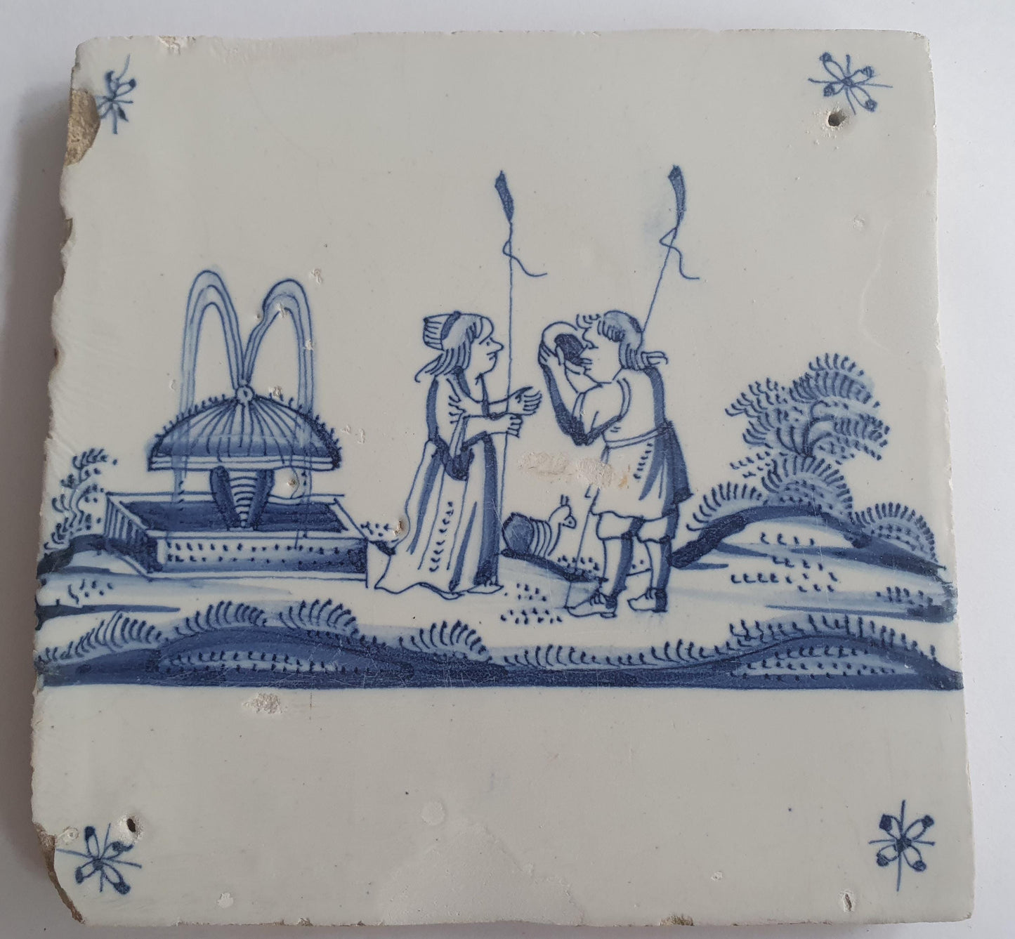 Antique Delft Tile: 17th Century Dutch Shepherds Scene