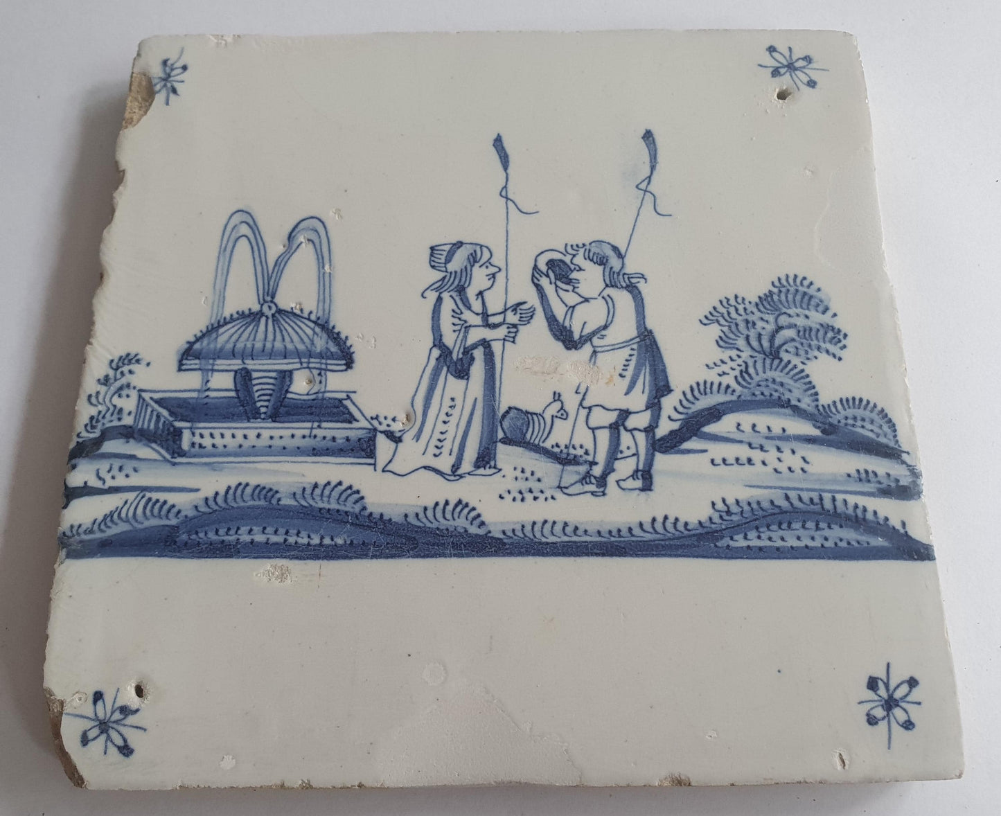 Antique Delft Tile: 17th Century Dutch Shepherds Scene