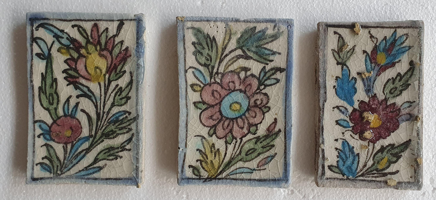 3 tiles thick handmade handpainted vintage midcentury collector tiles, polychrome eastern oosterse oosters iznik ?