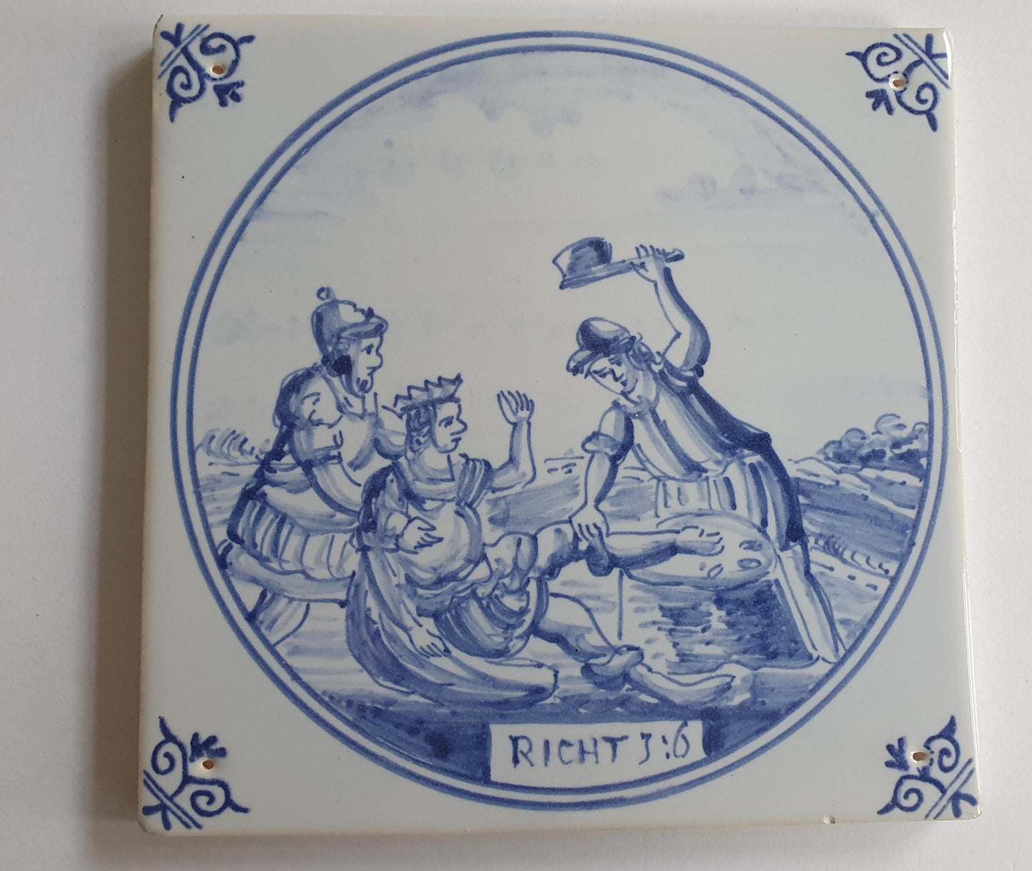 Antique Delft Blue Tile, Biblical Scene, Ox Head Corner Motif