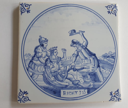 Antique Delft Blue Tile, Biblical Scene, Ox Head Corner Motif