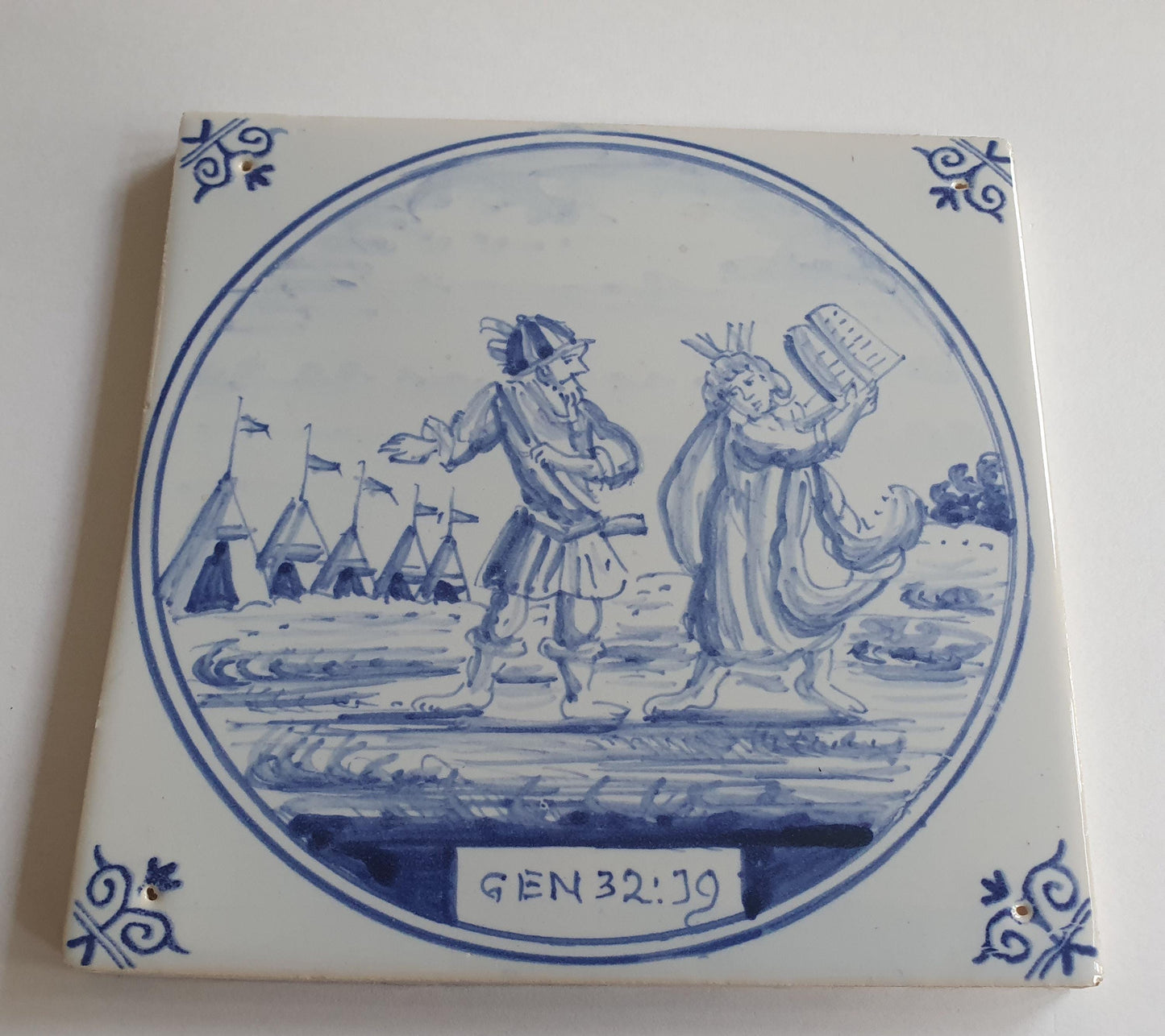 Antique Delft Blue Tile, Biblical Scene, Oxhead Motif