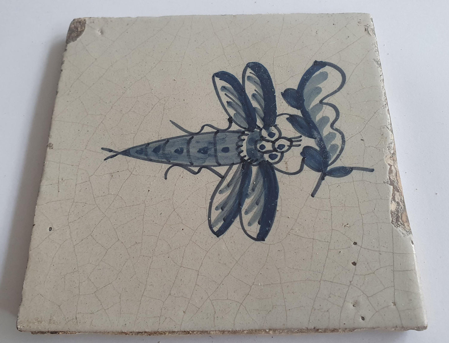 Antique Delft Tile – Butterfly on Flower, Frysian Design (circa 1750)