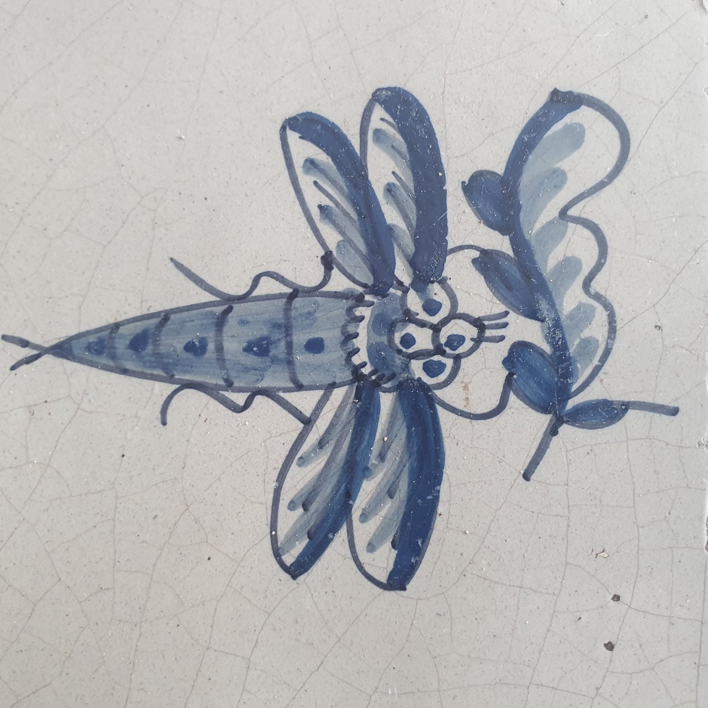 Antique Delft Tile – Butterfly on Flower, Frysian Design (circa 1750)
