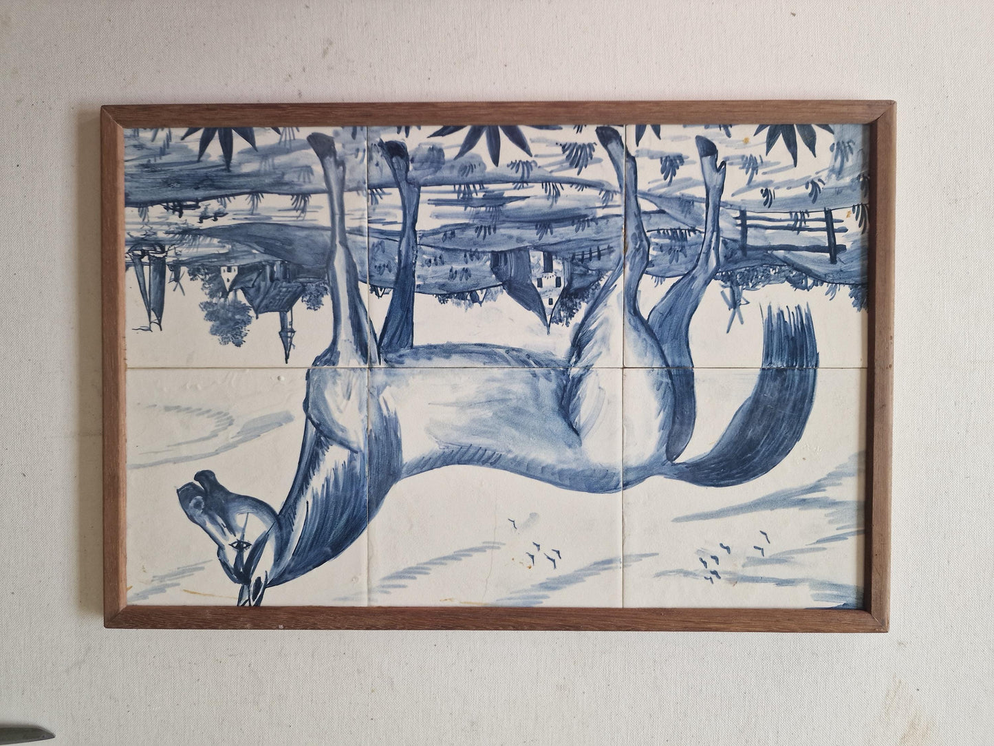 Vintage Delft Blue Tile Panel, Hand-Painted Horse in Dutch Landscape