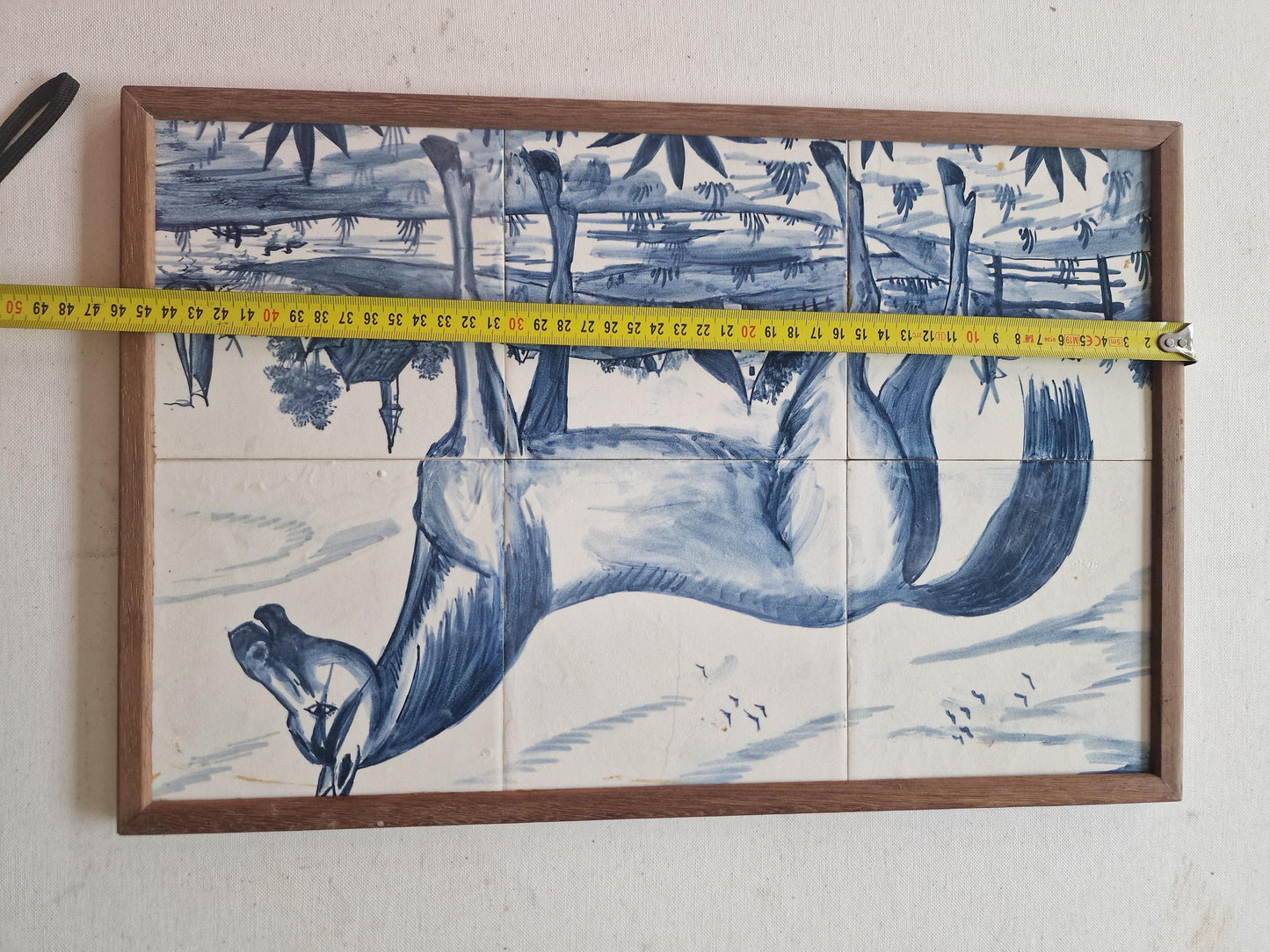 Vintage Delft Blue Tile Panel, Hand-Painted Horse in Dutch Landscape