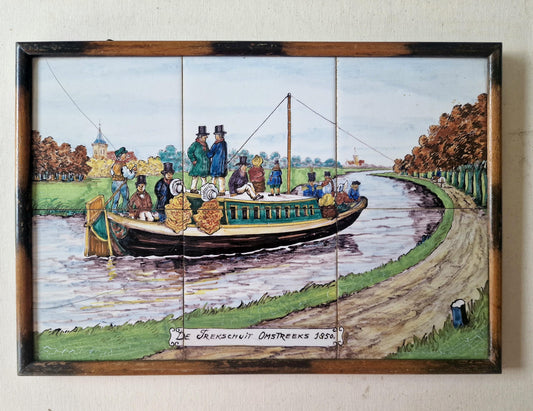 Vintage Dutch Tile Panel, Canal Boat Scene, Westraven Utrecht, Framed