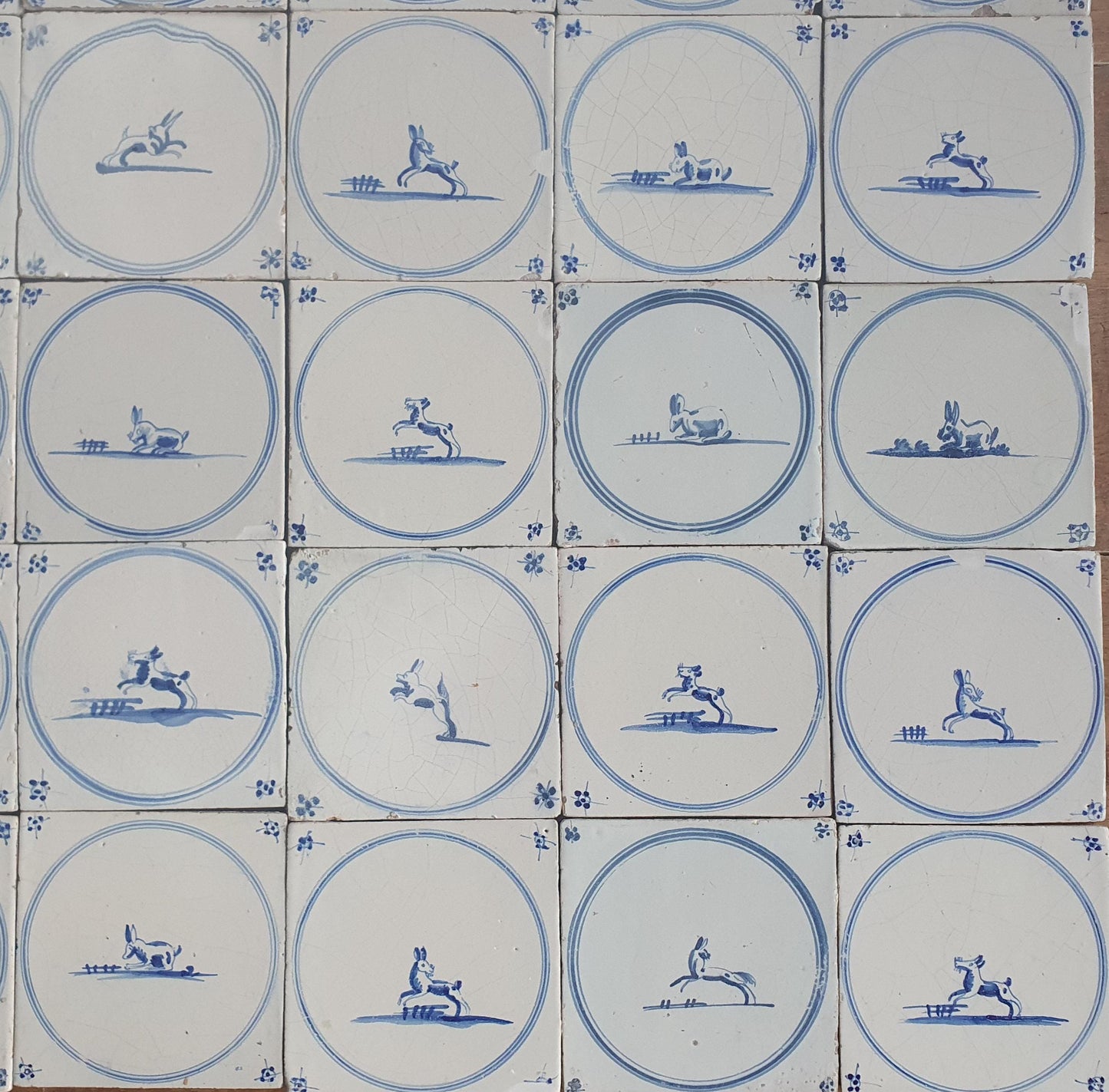 Set of 40 Antique Delft Blue Animal Tiles, 18th Century circle springer