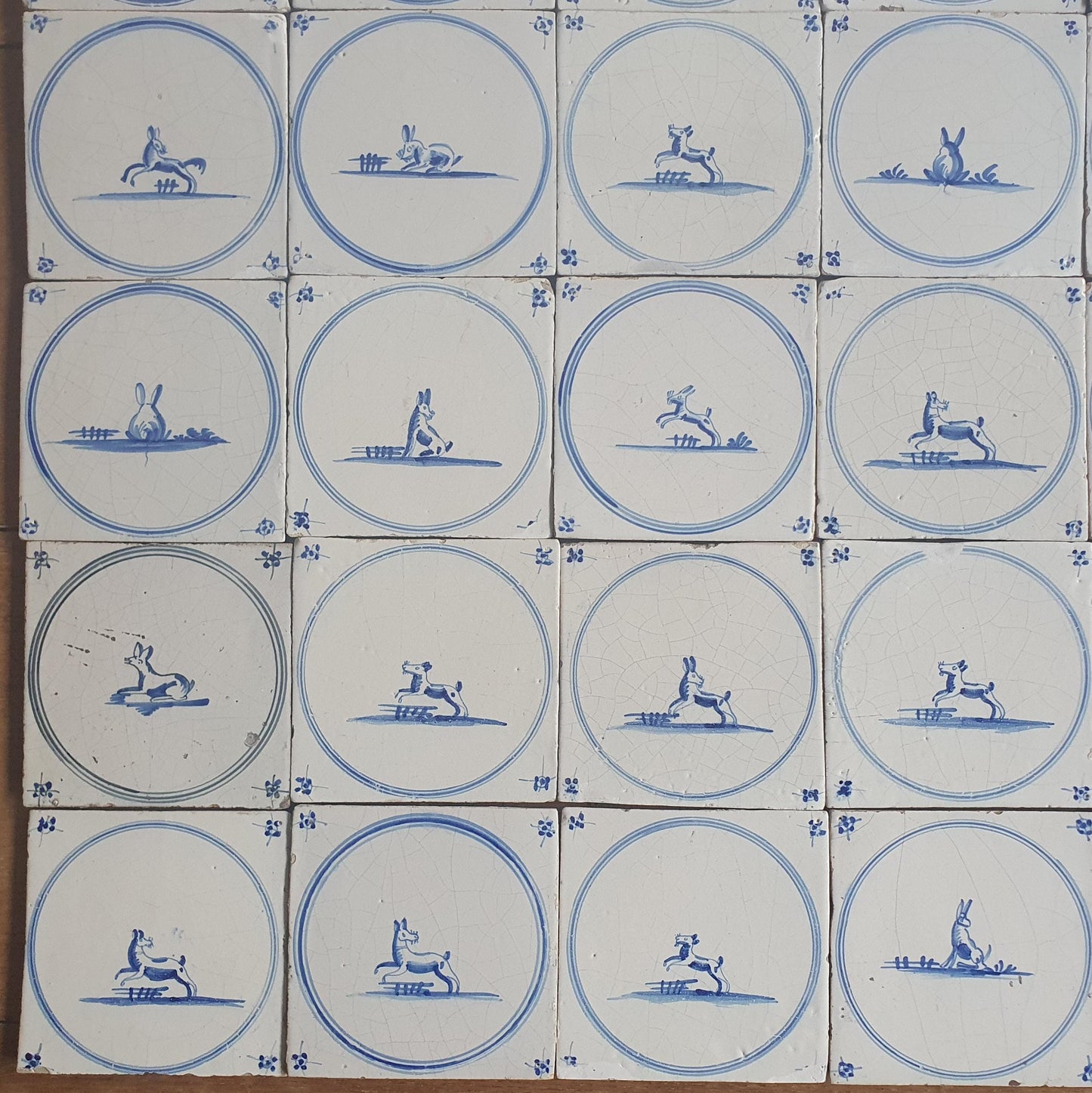 Set of 40 Antique Delft Blue Animal Tiles, 18th Century circle springer