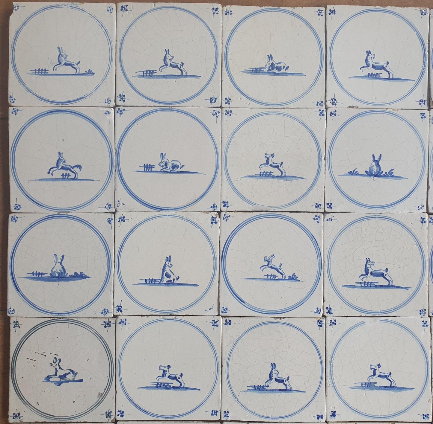 Set of 40 Antique Delft Blue Animal Tiles, 18th Century circle springer