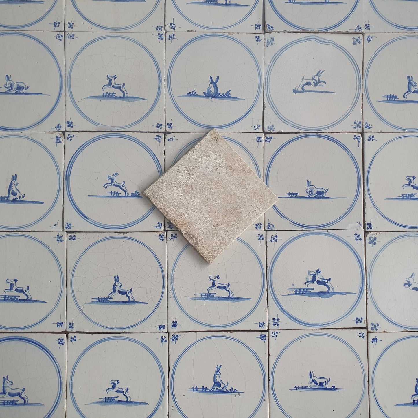Set of 40 Antique Delft Blue Animal Tiles, 18th Century circle springer