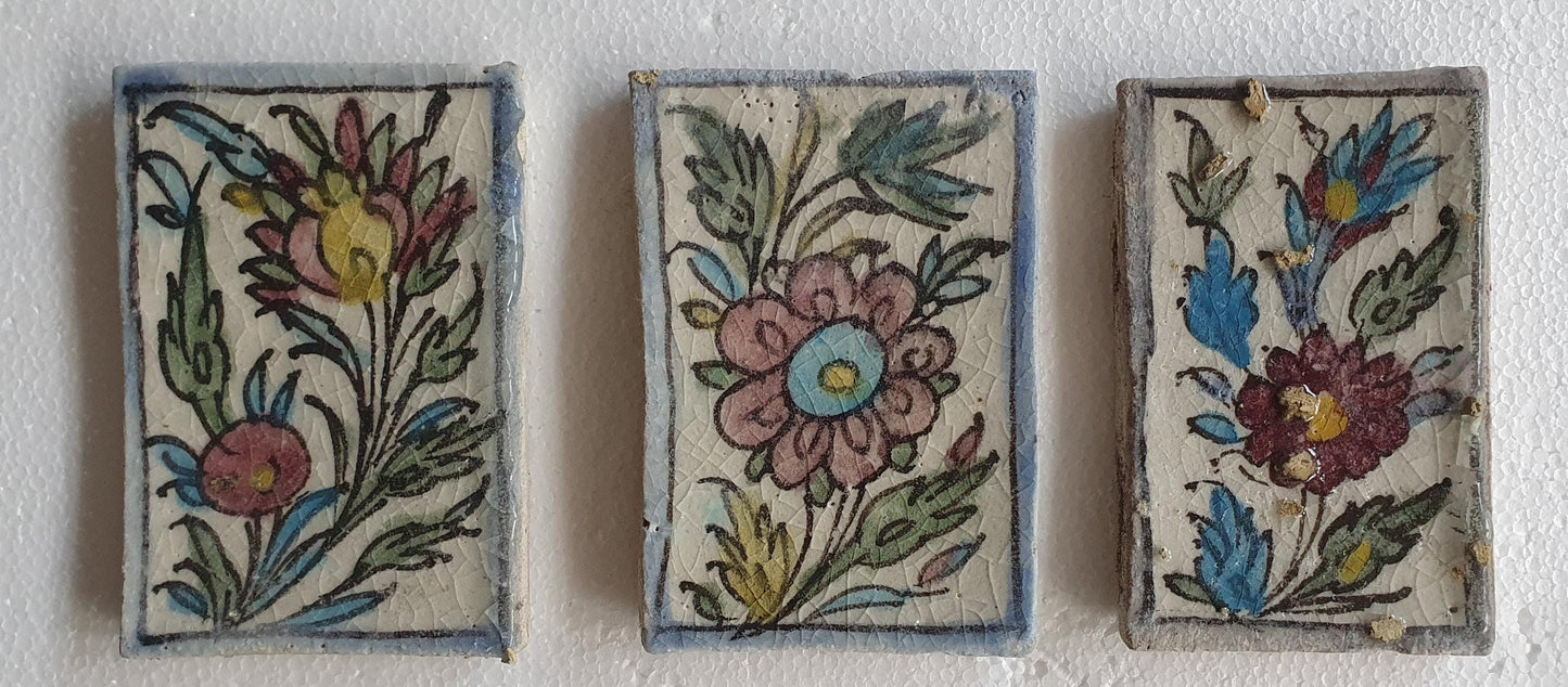 3 tiles thick handmade handpainted vintage midcentury collector tiles, polychrome eastern oosterse oosters iznik ?