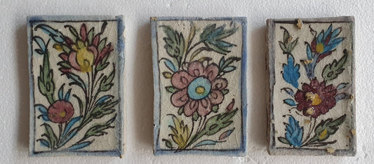 3 tiles thick handmade handpainted vintage midcentury collector tiles, polychrome eastern oosterse oosters iznik ?