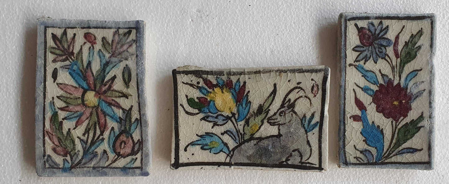 3 tiles thick handmade handpainted vintage midcentury collector tiles, polychrome eastern oosterse oosters iznik ?