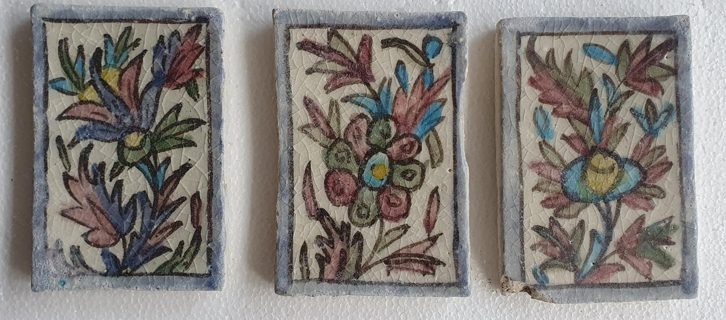 3 tiles thick handmade handpainted vintage midcentury collector tiles, polychrome eastern oosterse oosters iznik ?