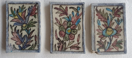 3 tiles thick handmade handpainted vintage midcentury collector tiles, polychrome eastern oosterse oosters iznik ?
