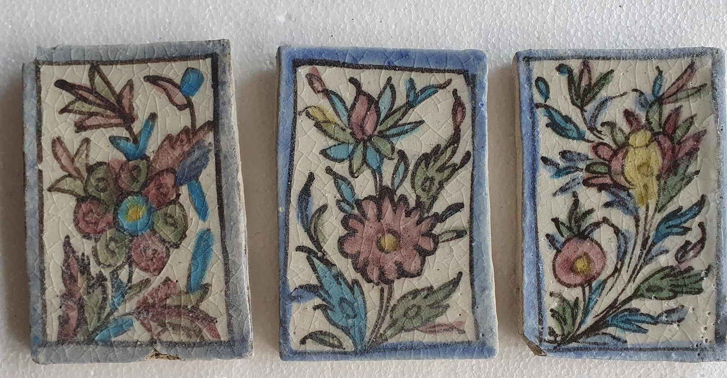 3 tiles thick handmade handpainted vintage midcentury collector tiles, polychrome eastern oosterse oosters iznik ?