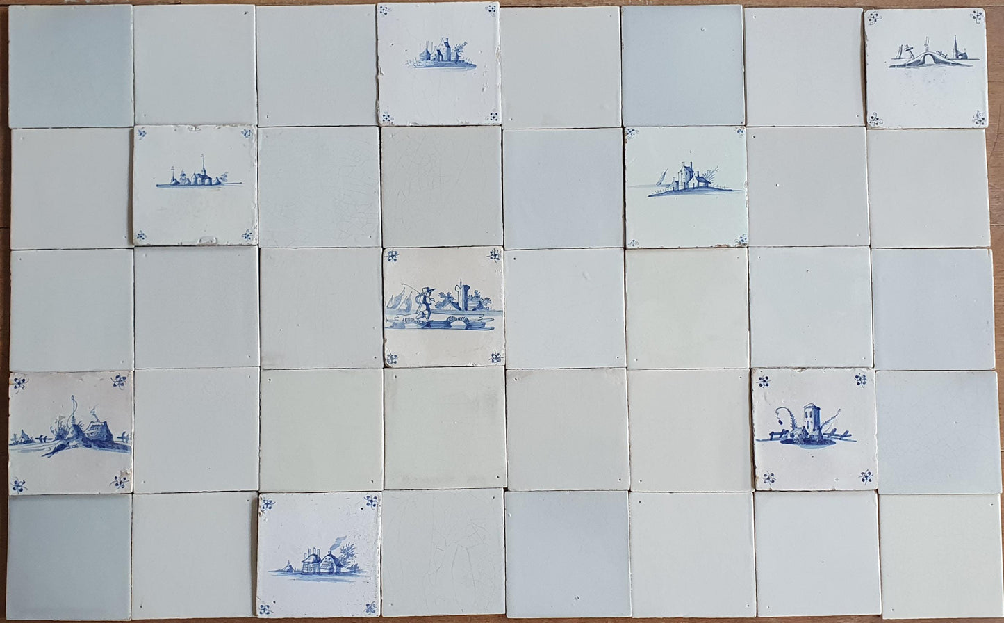 40 Delft Tiles, Landscape & White, 13x13cm, Handmade