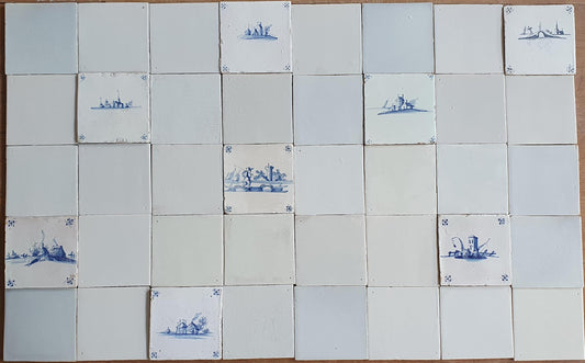 40 Delft Tiles, Landscape & White, 13x13cm, Handmade