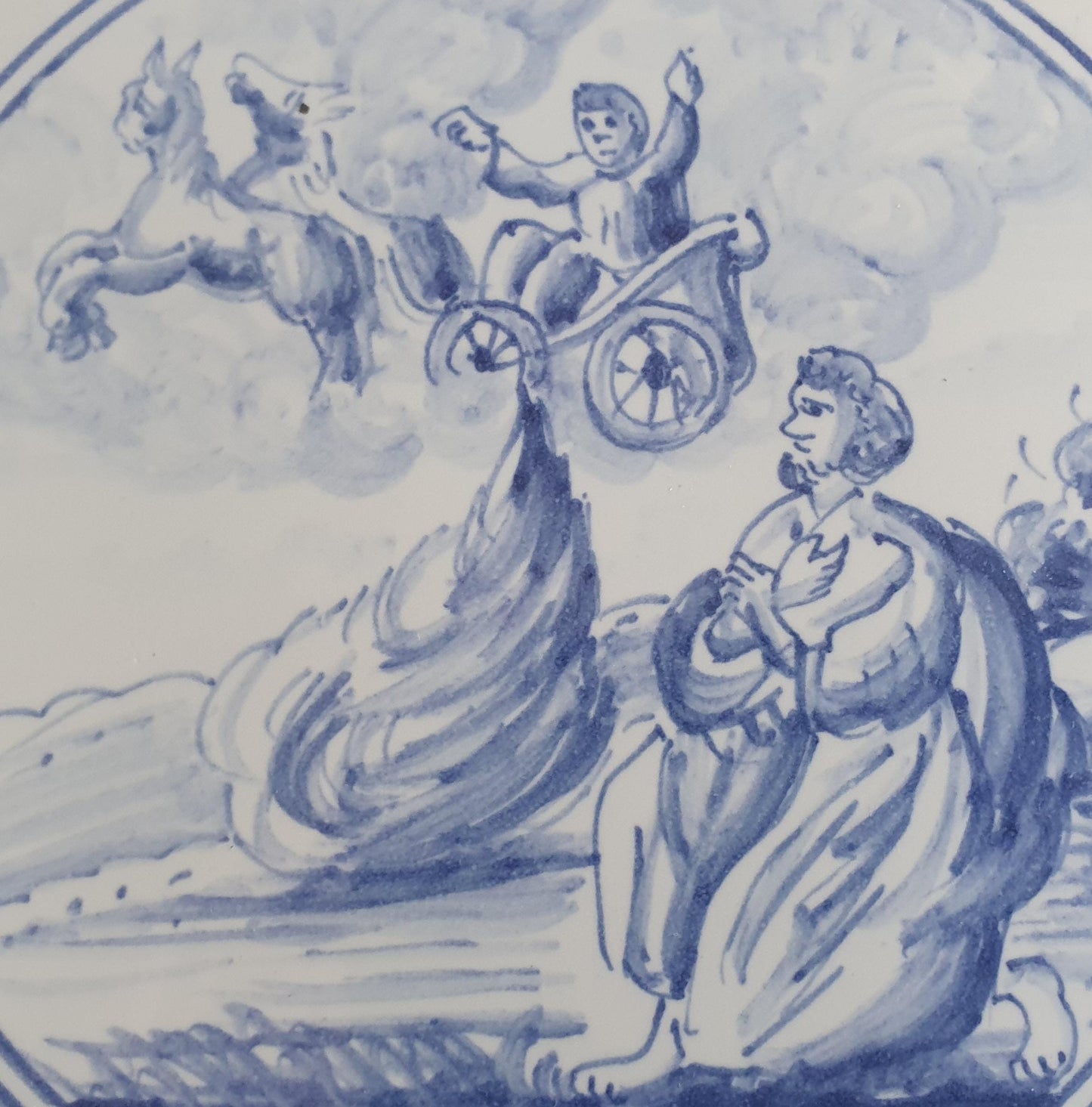 Antique Delft Blue Tile, Biblical Scene, Ox Head Corners