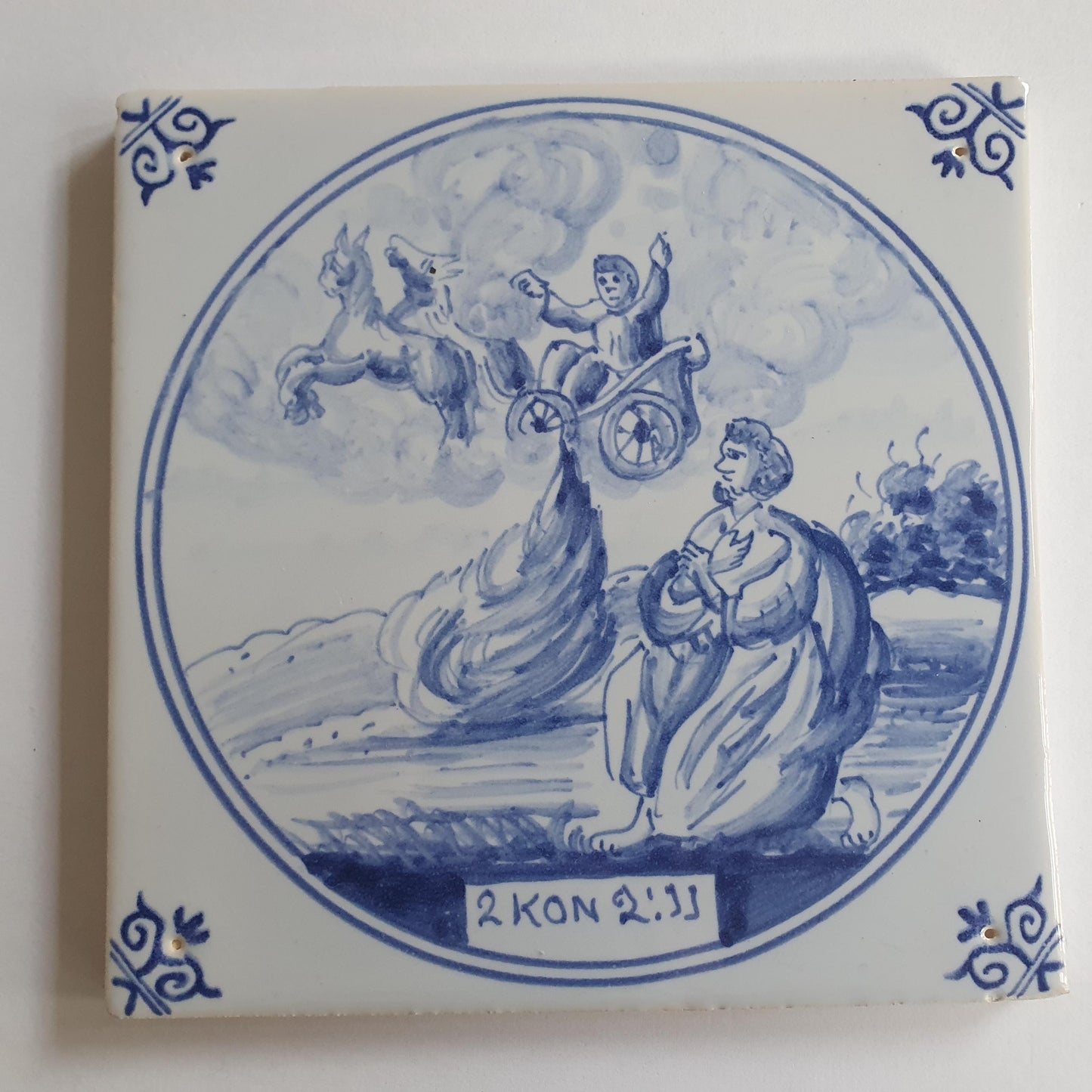 Antique Delft Blue Tile, Biblical Scene, Ox Head Corners