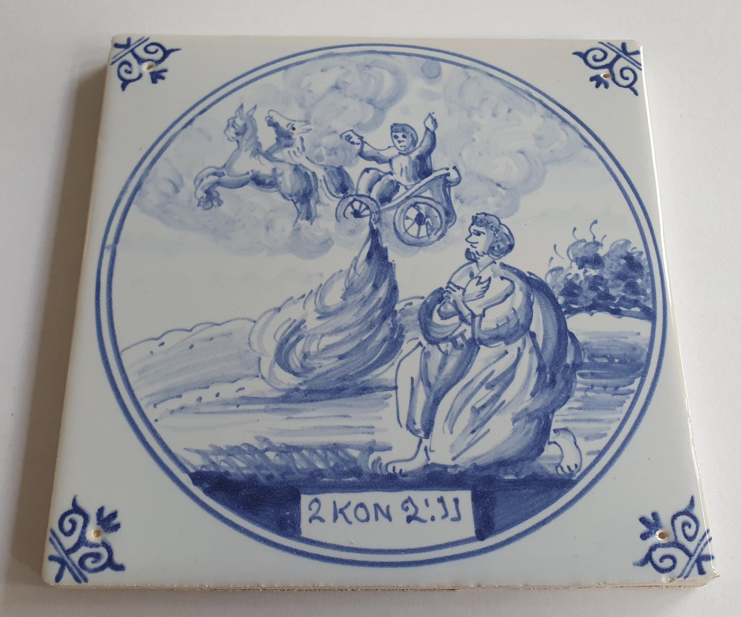 Antique Delft Blue Tile, Biblical Scene, Ox Head Corners