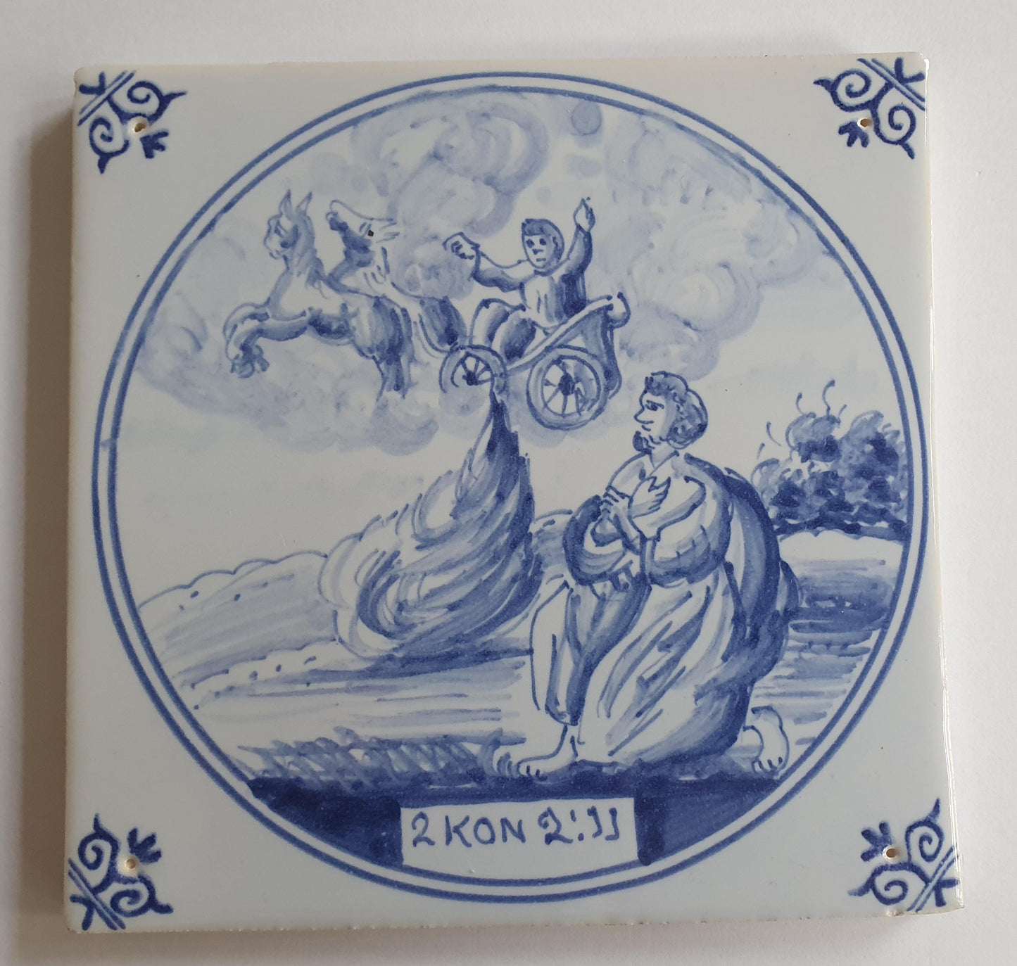 Antique Delft Blue Tile, Biblical Scene, Ox Head Corners