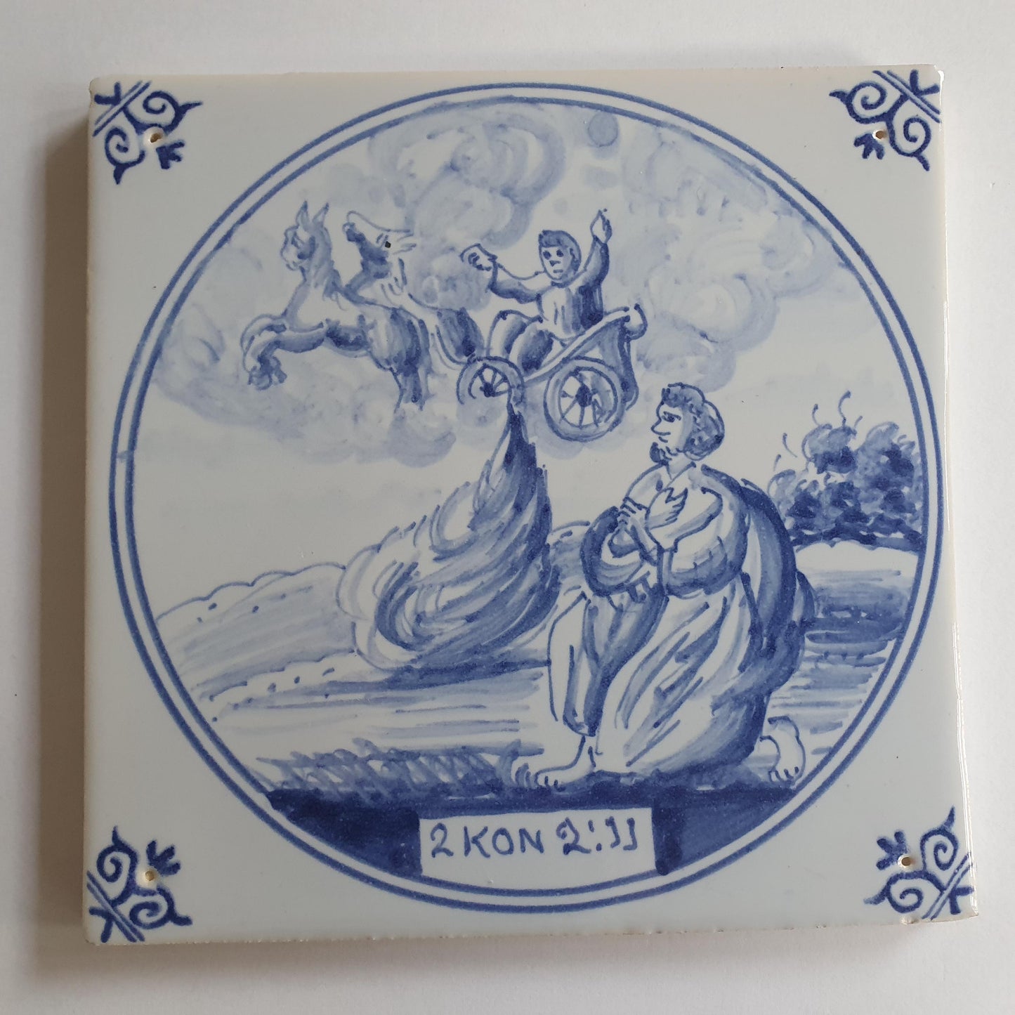 Antique Delft Blue Tile, Biblical Scene, Ox Head Corners