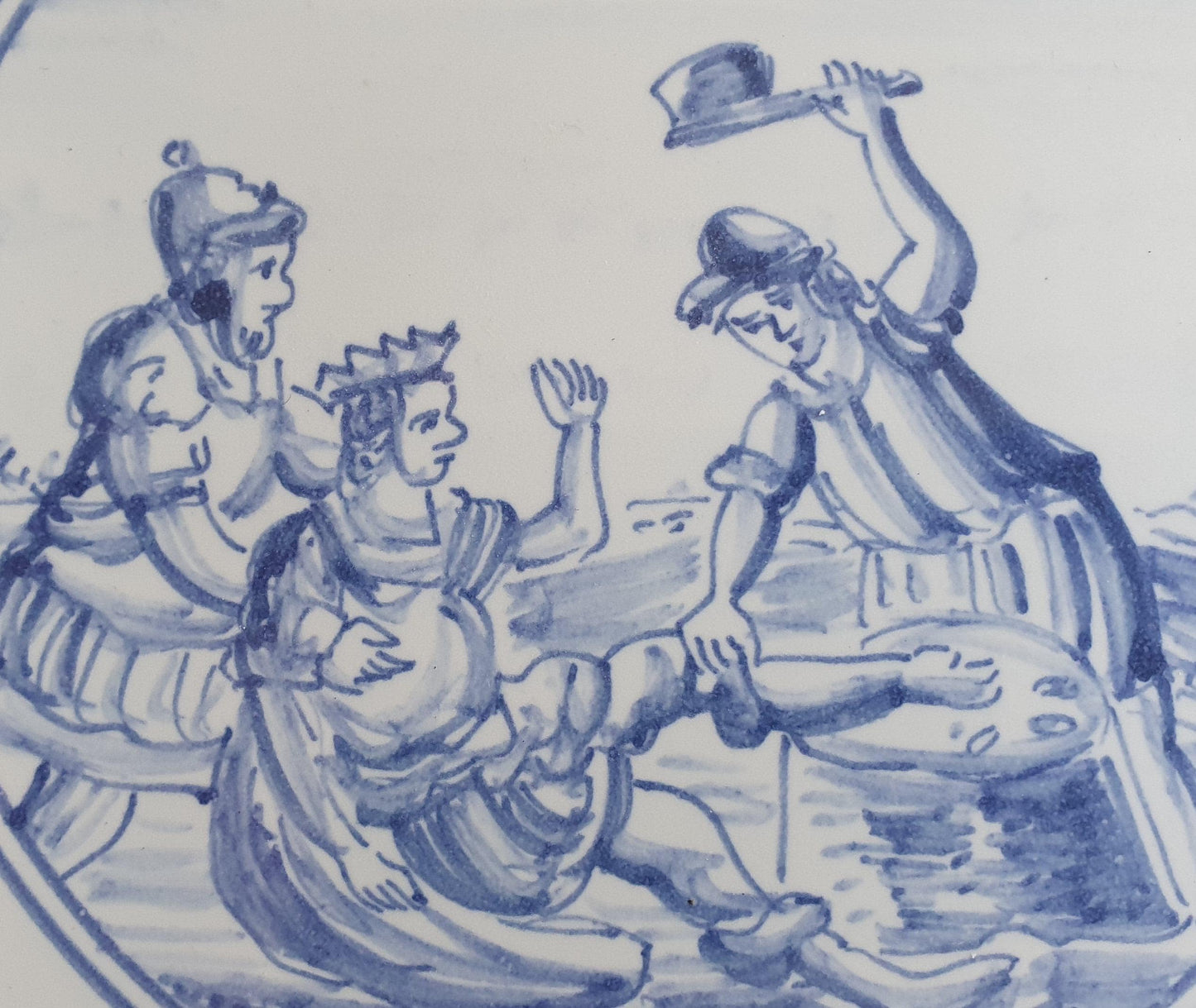 Antique Delft Blue Tile, Biblical Scene, Ox Head Corner Motif