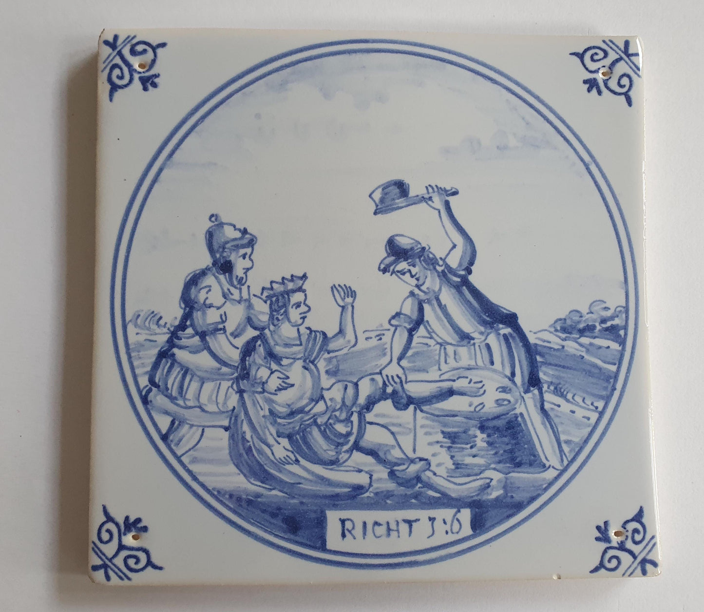 Antique Delft Blue Tile, Biblical Scene, Ox Head Corner Motif