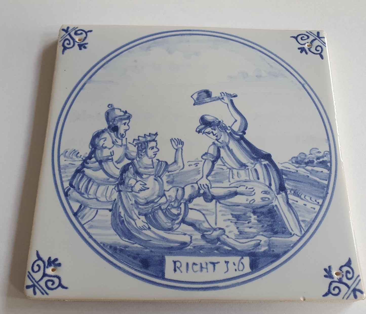 Antique Delft Blue Tile, Biblical Scene, Ox Head Corner Motif