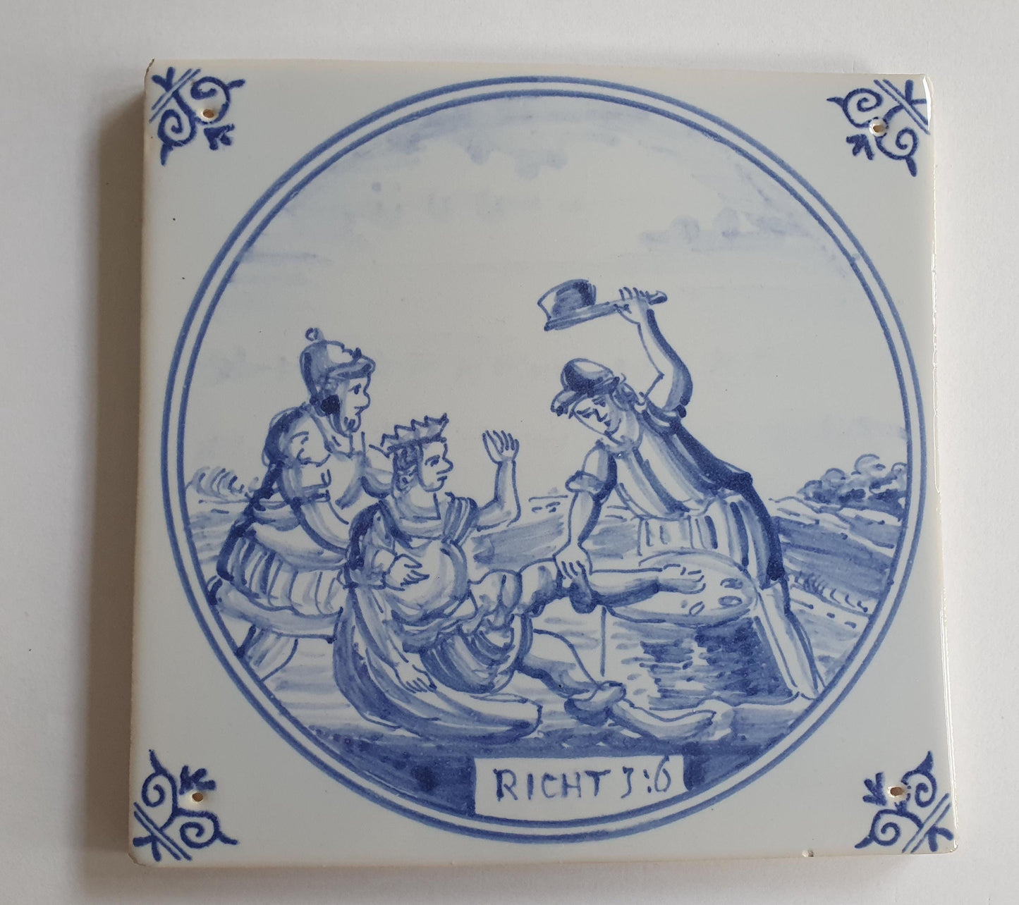 Antique Delft Blue Tile, Biblical Scene, Ox Head Corner Motif