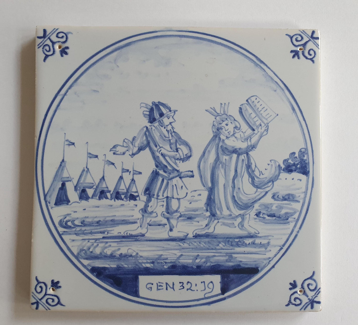 Antique Delft Blue Tile, Biblical Scene, Oxhead Motif