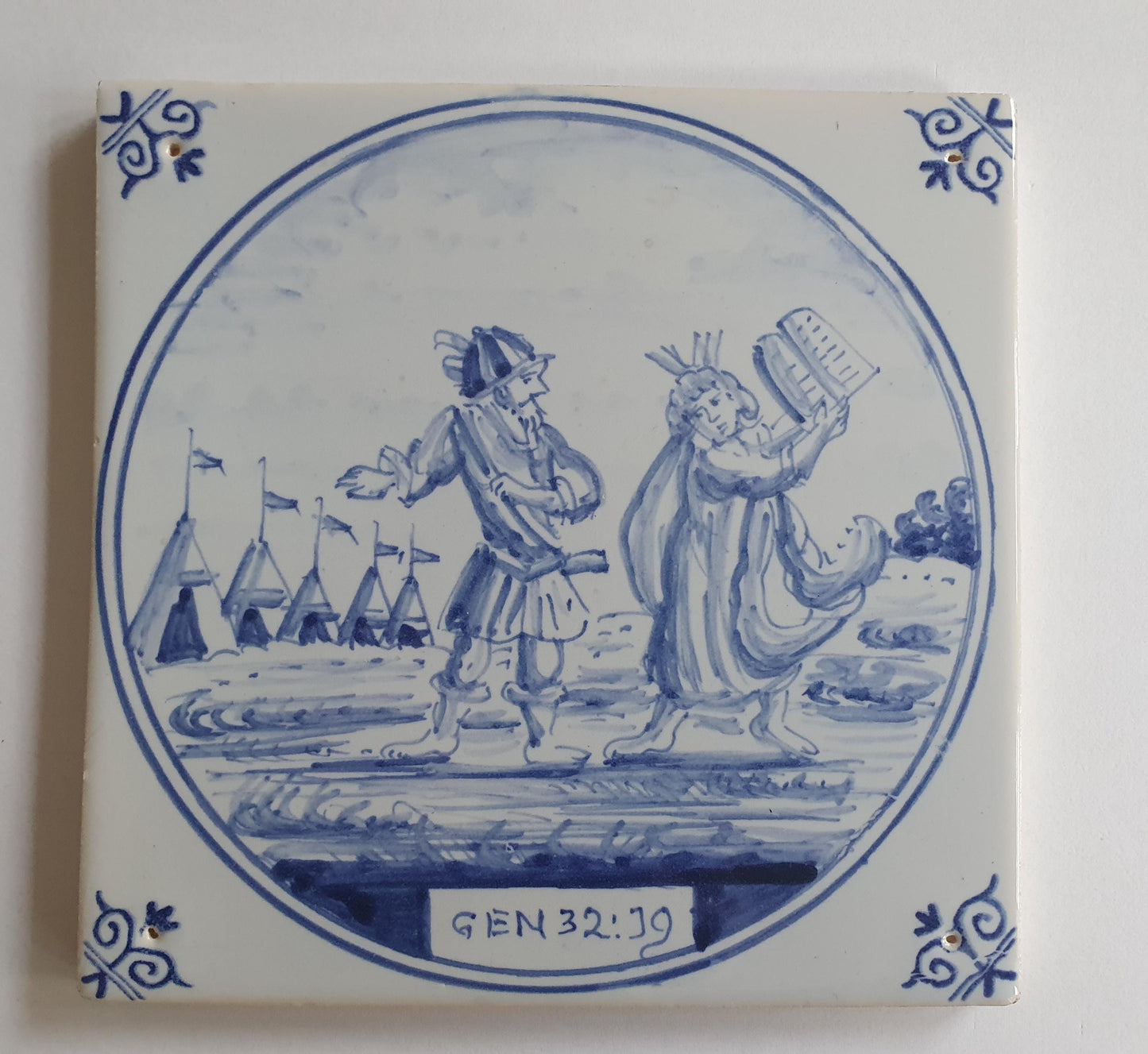 Antique Delft Blue Tile, Biblical Scene, Oxhead Motif