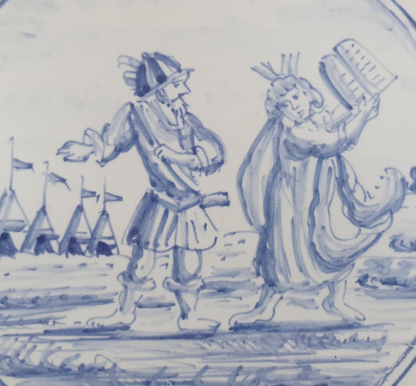 Antique Delft Blue Tile, Biblical Scene, Oxhead Motif