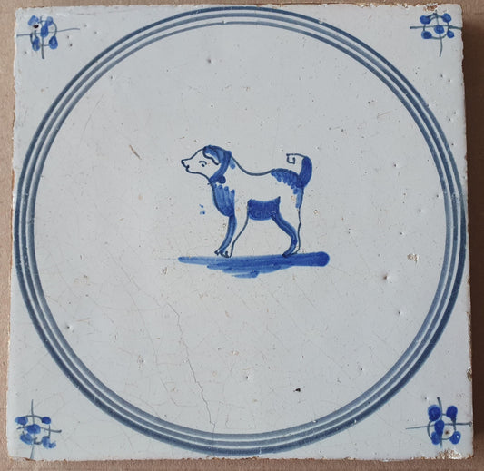 Antique Delft Tile, c.1780, Two-Colored Dog Springer