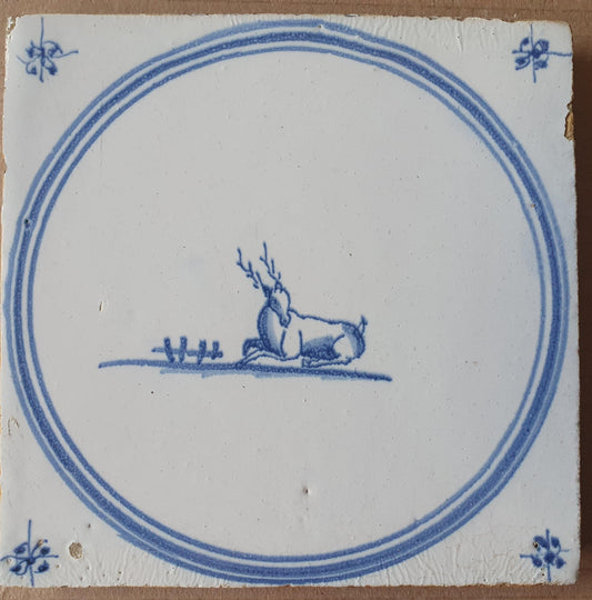 Antique Delft Tile: 1780s Springer with Reclining Deer