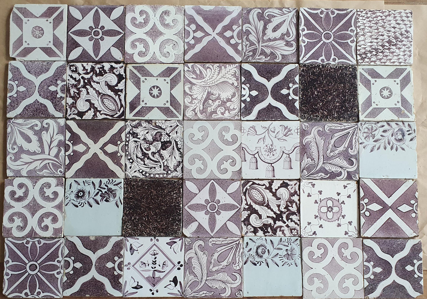 35 Antique Delft Tiles, 18th-19th Century Manganese Dutch Build-in
