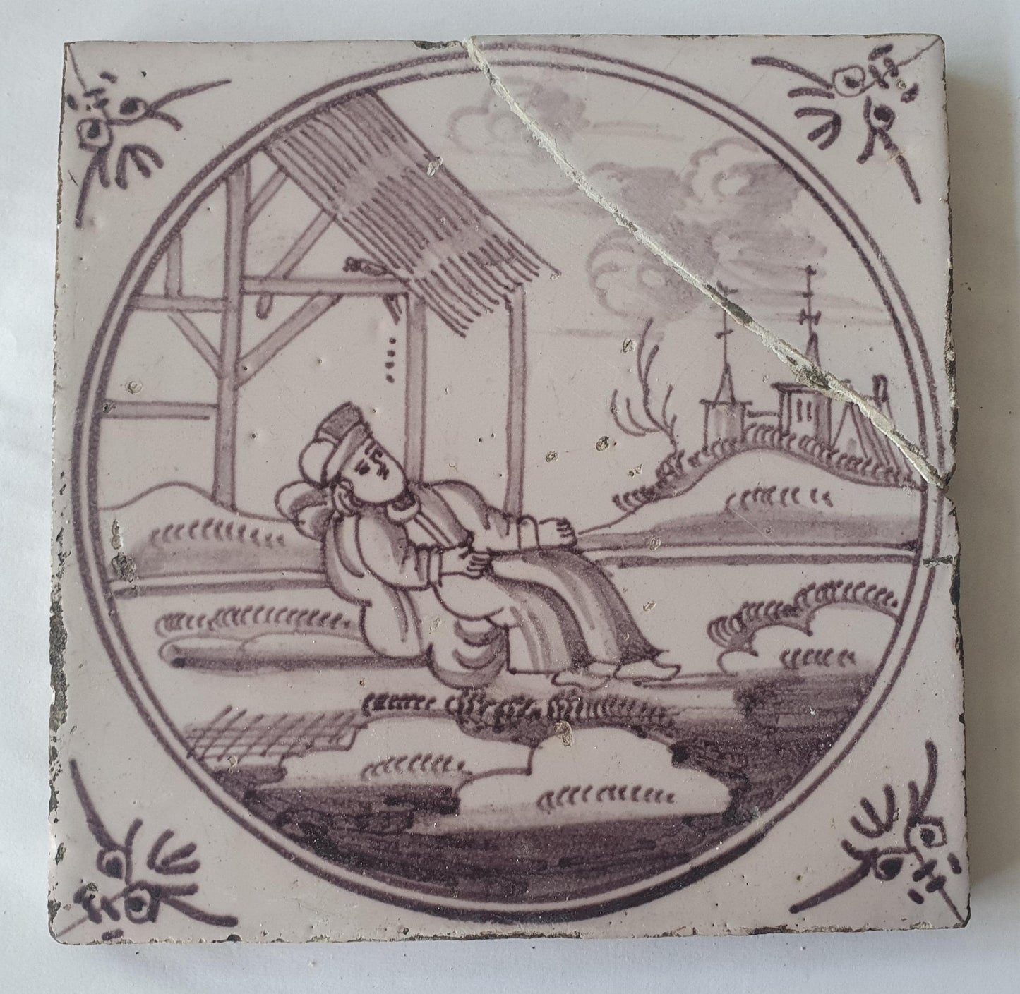 Antique Delft Tile, Biblical Scene, Dutch Mangane, c.1780