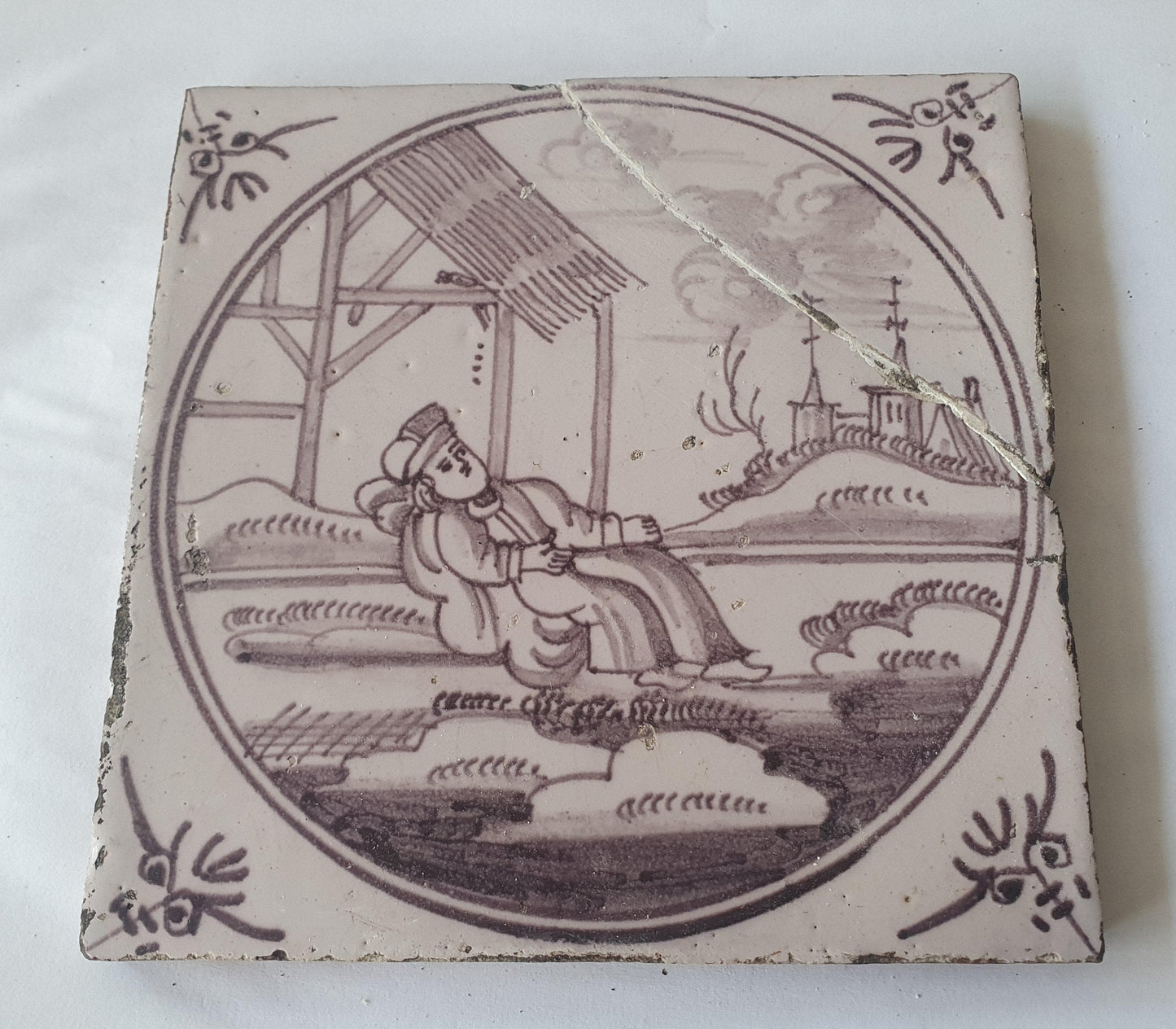 Antique Delft Tile, Biblical Scene, Dutch Mangane, c.1780