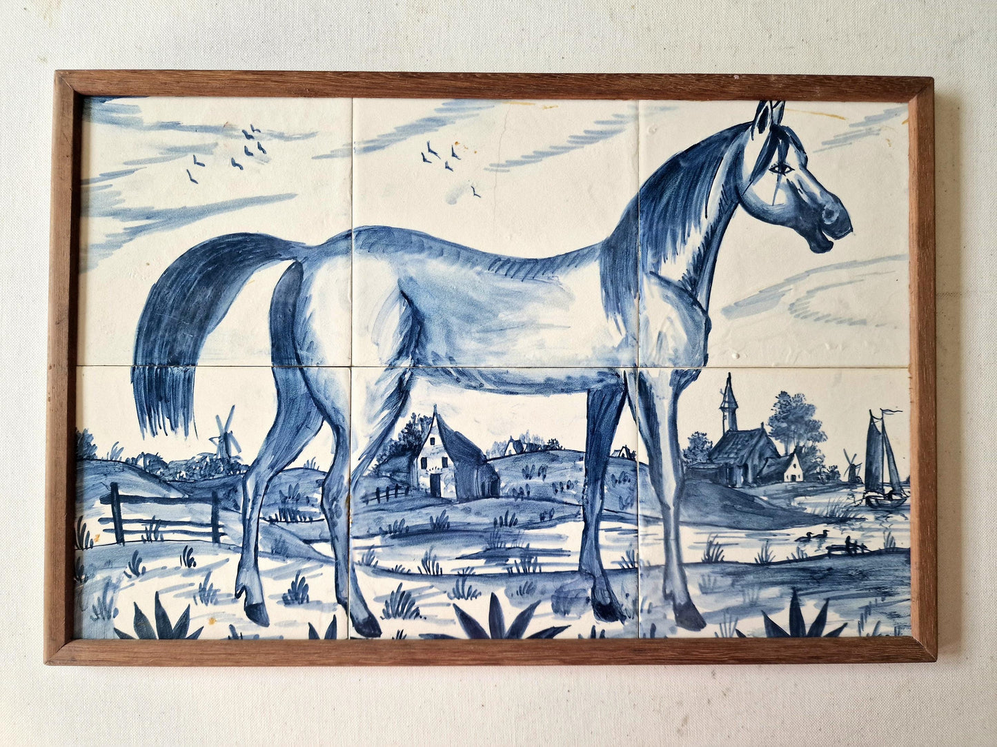Vintage Delft Blue Tile Panel, Hand-Painted Horse in Dutch Landscape