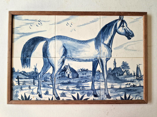 Vintage Delft Blue Tile Panel, Hand-Painted Horse in Dutch Landscape