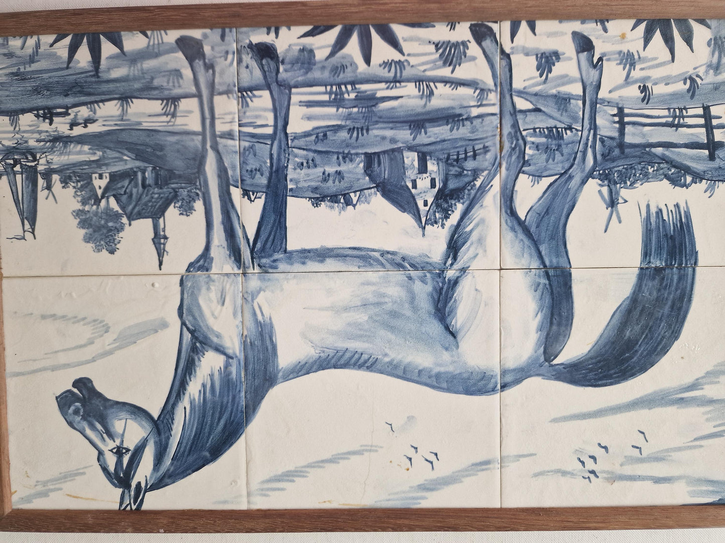 Vintage Delft Blue Tile Panel, Hand-Painted Horse in Dutch Landscape