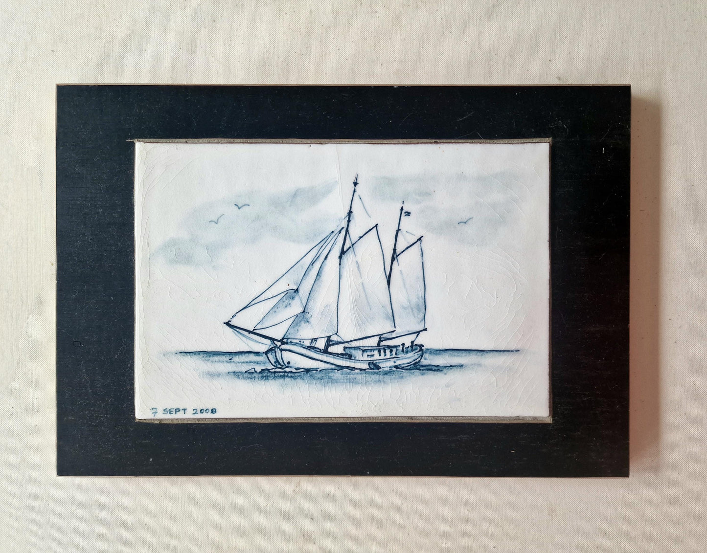 Delft Blue Sailing Ship Tile – Hand-Painted Nautical Art, Framed
