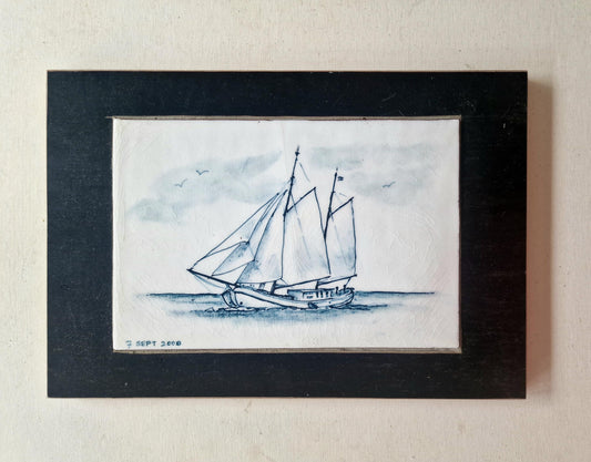 Delft Blue Sailing Ship Tile – Hand-Painted Nautical Art, Framed