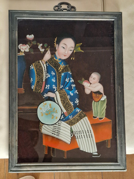 Chinese Republic Reverse Glass Painting, Lady and Child, Framed Art (60x40cm)