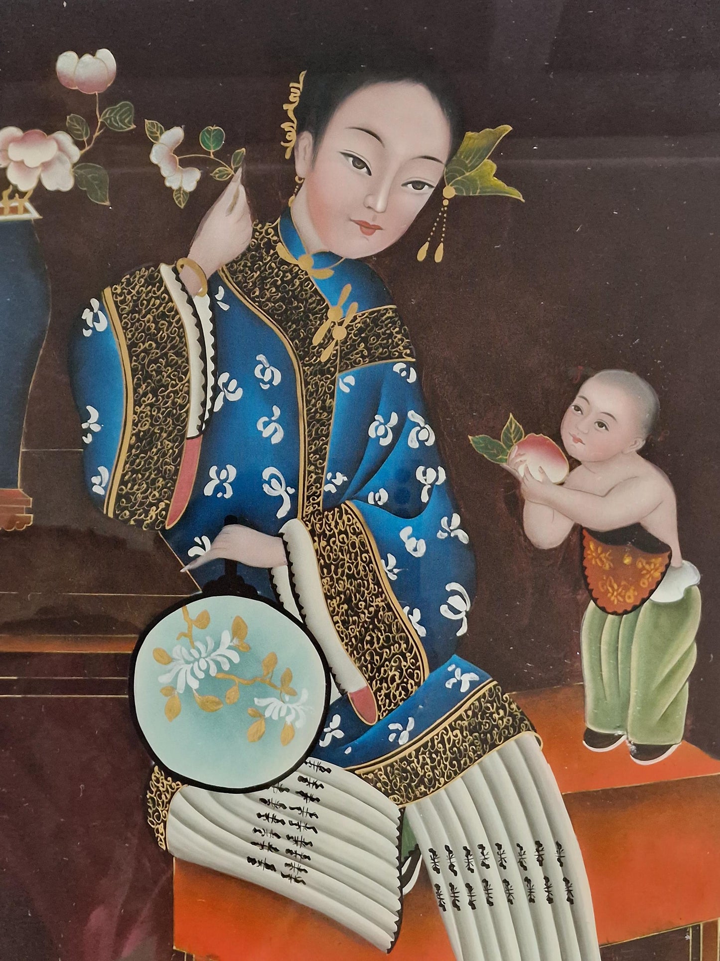Chinese Republic Reverse Glass Painting, Lady and Child, Framed Art (60x40cm)